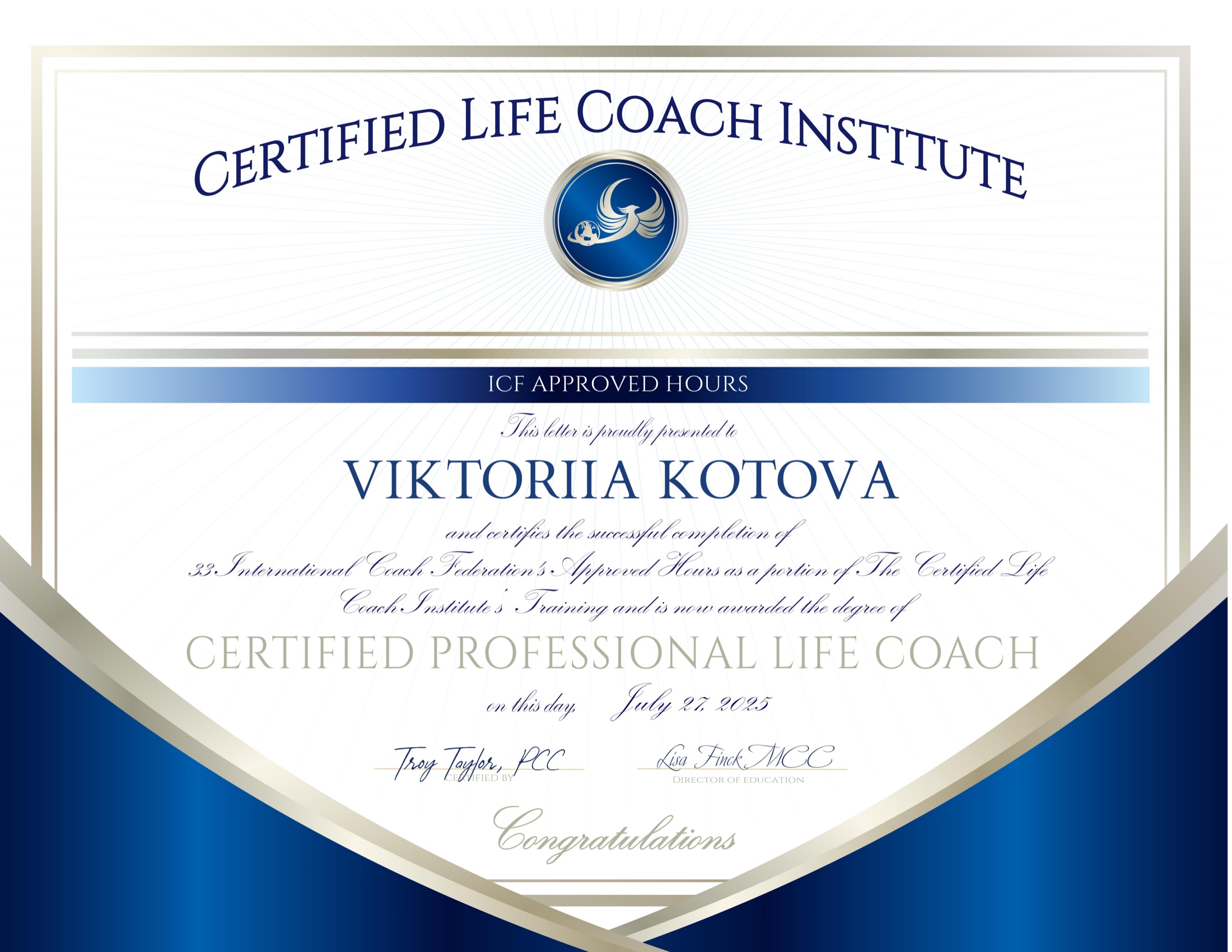 ICF-approved Certified Professional Life Coach certificate awarded to Viktoria Kotova