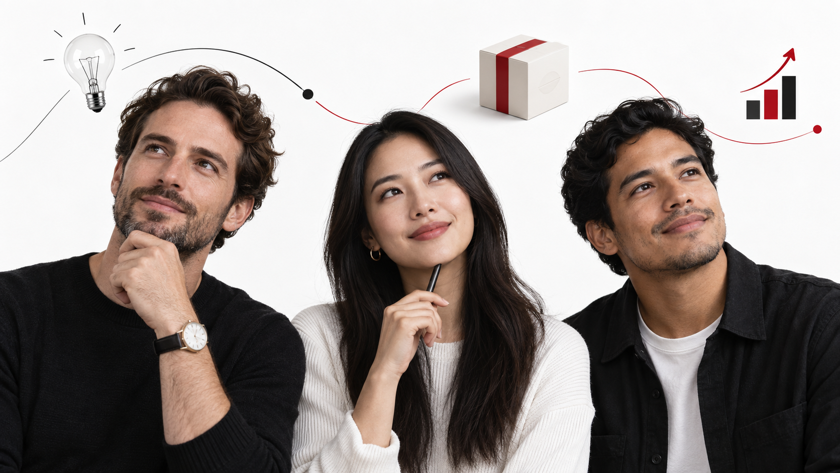 Three thoughtful people considering what to do with their ideas and skills