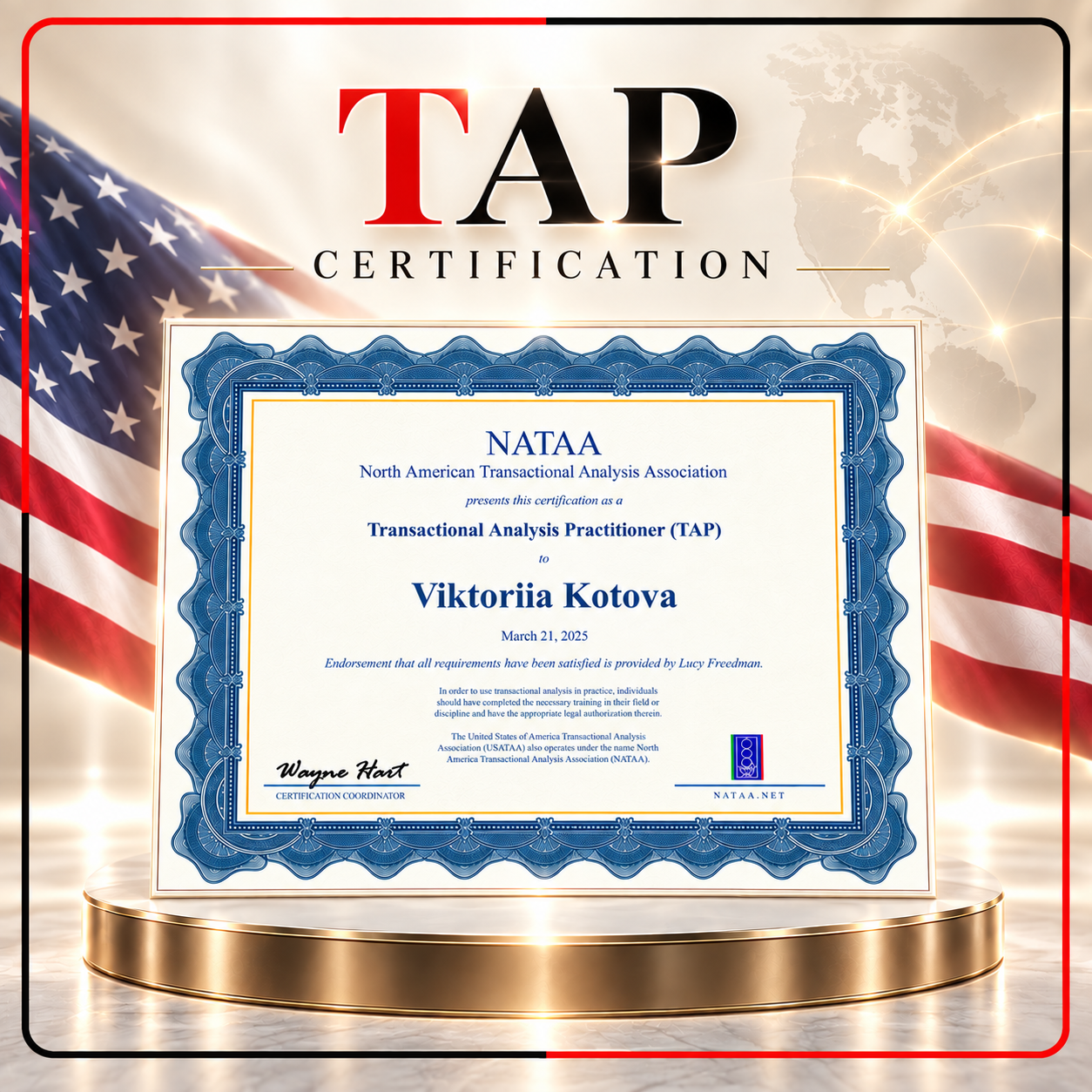 TAP Certification project cover with Viktoriia Kotova certificate